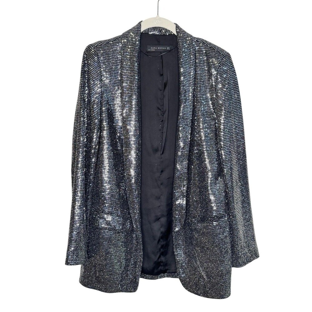 Zara Blazer Womens Medium Silver Sequin Open Front Party Evening Holiday Jacket